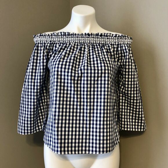 Madewell Gingham Blouse XXS Off Shoulder Navy Blue And White Checked Loose Fit - Picture 6 of 11